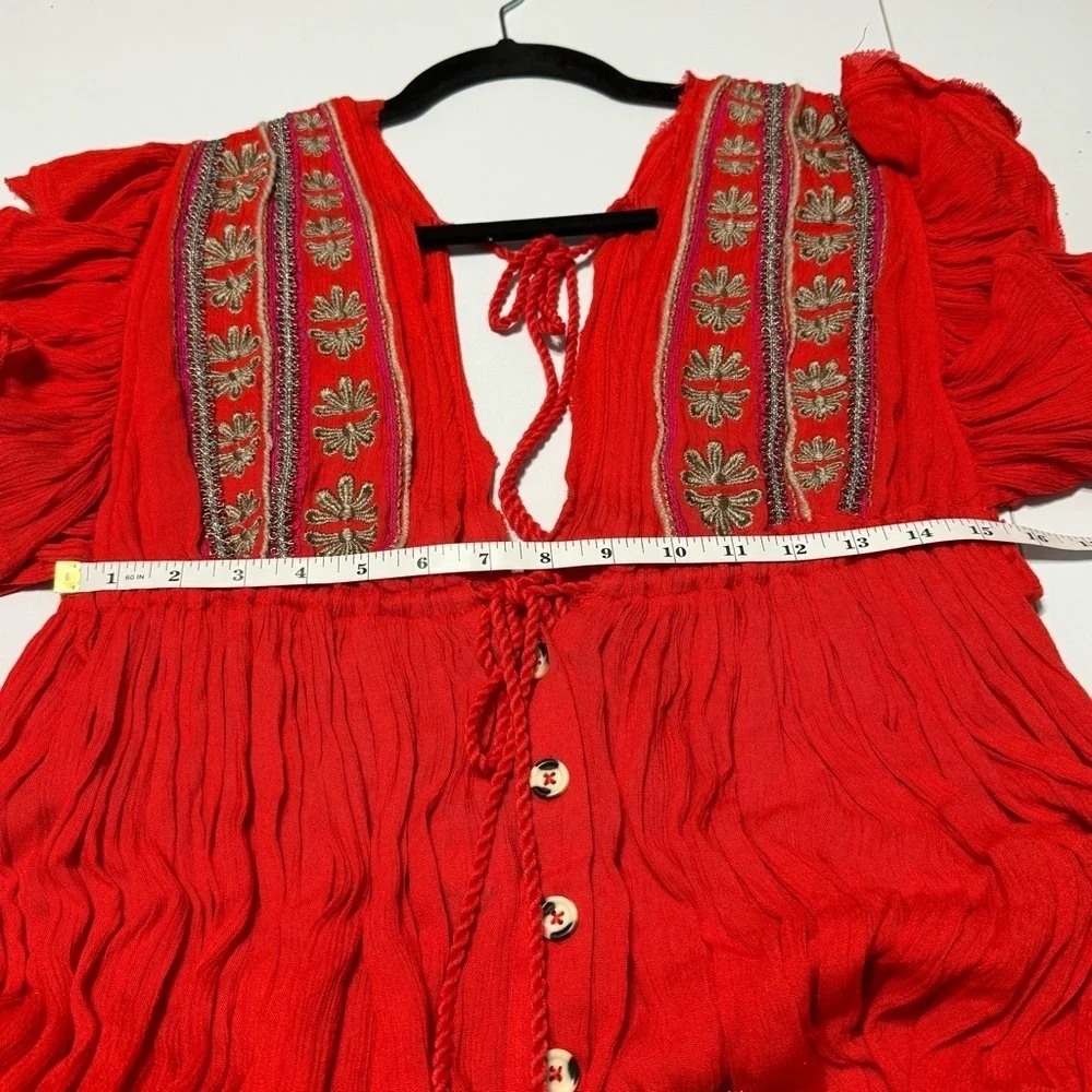 Free People Bali Will Wait For You Boho V Neck Midi Dress Red Embroidered Size S
